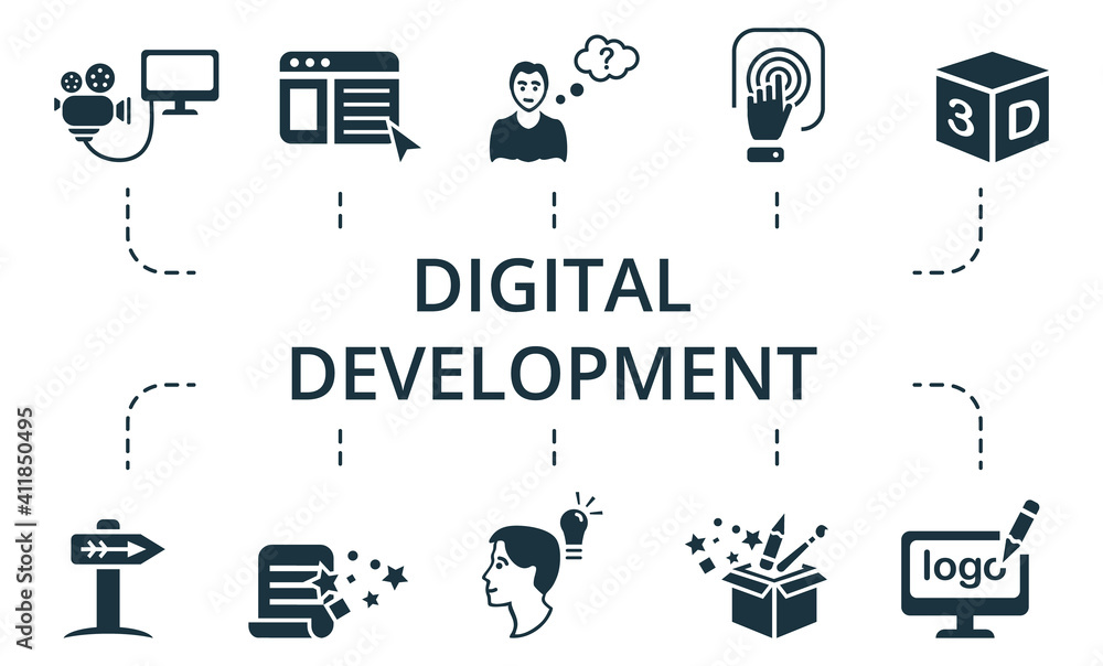Poster digital development icon set. collection contain pack of pixel perfect creative icons. digital devel