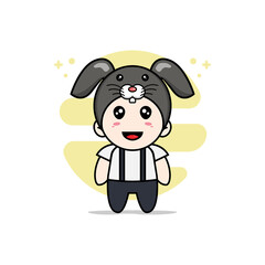 Cute geek boy character wearing rabbit costume.
