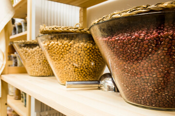 Self service bulk organic food. Eco-friendly zero waste shop. Small local business. Chickpea and beans