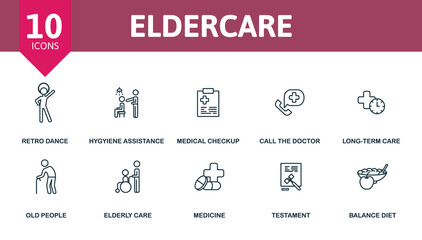 Study icon set. Collection contain dentare, long-term care, retro dance, medical checkup, hygiene assistance and over icons. Study elements set.