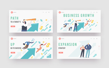Obraz na płótnie Canvas Financial Success, Career Growth Landing Page Template Set. Business People at Huge Rising Arrow Move to Success