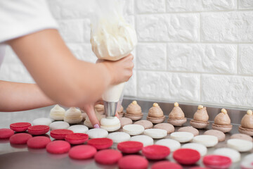 Obraz na płótnie Canvas Cooking, confectionery and baking concept. Colorful macarons shells on table with buttercream, and female hands squeezing the cream from pastry bag