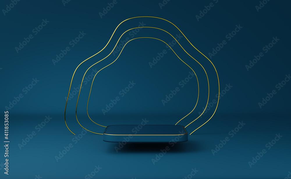 Wall mural podium empty with geometric shapes in blue composition for modern stage display and minimalist mocku