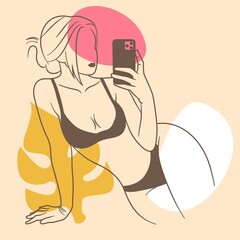 Illustration vector graphic of beauty woman holding phone line art style, perfect for Beauty Concept, t-Shirt Print, postcard, poster, tattoos, painting