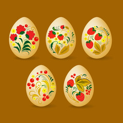 Set of colorful Easter eggs. Decorated with Khokhloma, Russian traditional painted floral pattern.  