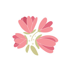 Bouquet of pink magnolia with leaves, hand-drawn. A colorful cartoon of a plant. Flat vector illustration of an Asian flower on an isolated white background. Blooming decorative design element.