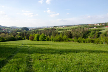 Fototapeta na wymiar landscape with green grass and blue sky, Moravský Kras, Czech republic