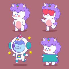 Cute Unicorn vector cartoon funny characters set isolated on background.