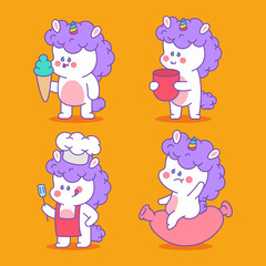 Unicorn with food vector cartoon funny characters set isolated on background.