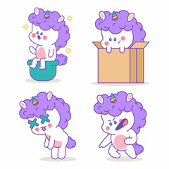 Unicorn with different emotions vector cartoon characters set isolated on a white background.