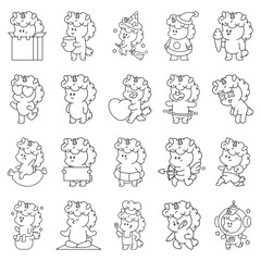 Cute Unicorn vector cartoon outline icons set isolated on a white background.