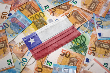 Medical mask with the flag of Chile on a variety of european banknotes.(series)