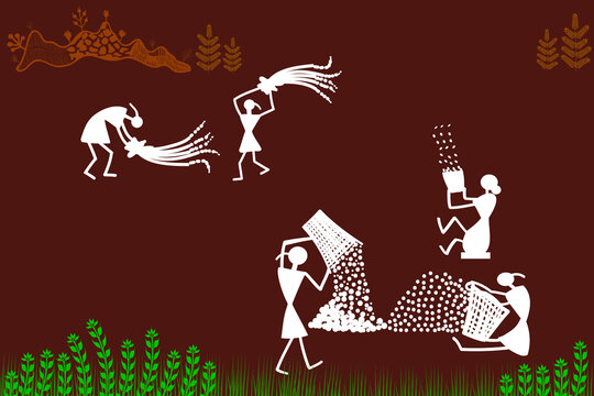Indian Tribal Art: farmers working in farm .