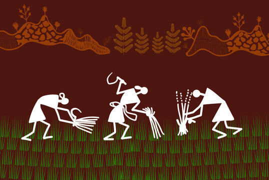 Indian Tribal Art: Lady farmers working in farm.