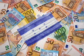 Medical mask with the flag of Honduras on a variety of european banknotes.(series)