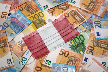 Medical mask with the flag of Peru on a variety of european banknotes.(series)