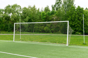 football goal on the green lawn next to the forest