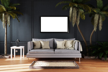 canceled vacation and stay at home concept; elegant living room interior with single vintage sofa between palm trees; canvas; staycation and holistay; 3D Illustration