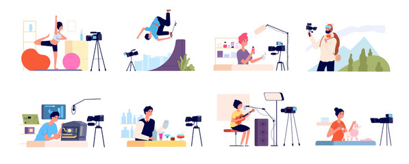 Blogger characters. Bloggers review, blog beauty fashion occupations. Video vloggers, girl digital channel and flat influencer people utter vector scenes. Illustration beauty blog, blogger content,