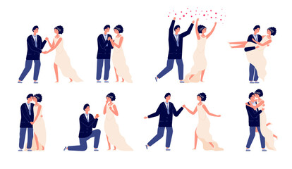 Bride and groom. Wedding couple, engagement or marriage party. Wed celebrations, cartoon man woman dance in love and kiss utter vector characters. Illustration couple groom and bride wedding