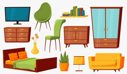 Home furniture. Isolated trendy furnitures, interior room office decor. Chair, sofa and table, flat house accessory recent vector set. Illustration couch and armchair, sofa for living apartment