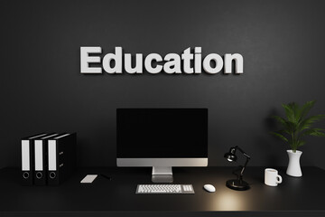 modern clean office workspace with computer screen and dark concrete wall; education lettering; 3D Illustration