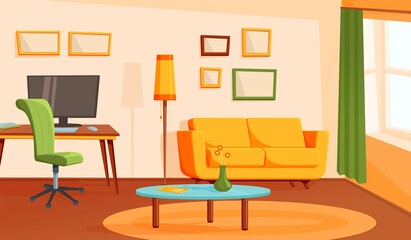 Cozy living room. Home interior, flat modern apartment. Contemporary loft design, cartoon cabinet or house office recent vector background. Illustration apartment cozy, home interior