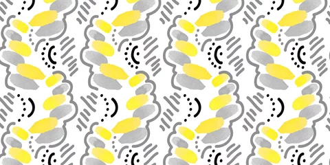 Dekokissen Seamless brushstrokes pattern. Gray, yellow and black watercolor stripes on white background. © Polina
