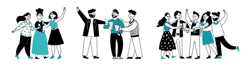 Friends drinking cocktails. Drink party, friend group at alcohol bar. People cheers and clinking glasses, celebrate together vector set. People cheerful with beverage, friends drink illustration