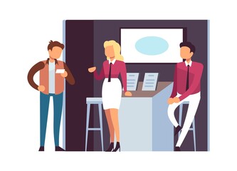 Advertising of goods at exhibition. Marketing, cartoon customers and sellers. Product demonstration stands or event trade booths vector concept. Illustration commercial promotion expo