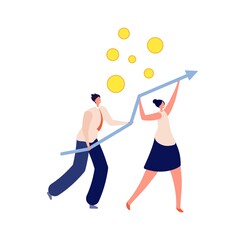 People boosting financial chart. Business collaboration or teamwork, innovation development. Flat creative man woman hold arrow vector illustration. Teamwork business, collaboration financial team