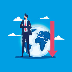 elegant businessman with earth planet and arrow down vector illustration design