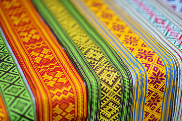 Details of a traditional Lithuanian weave. Woven belts as a part of national Lithuanian costume sold on traditional Easter fair in Vilnius, Lithuania