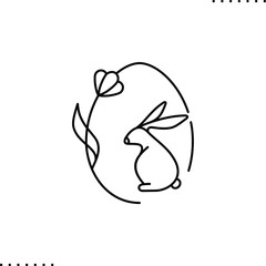 Easter egg shape greeting with bunny and spring flower vector icon in outline