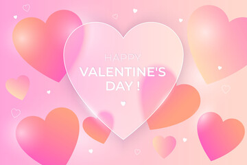 Happy Valentine's Day greeting banner. Glass-morphism background with bright hearts and frosted transparent glass on a gradient background. Premium vectors.