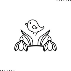 Easter greeting with bird and  snowdrops vector icon in outline