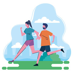 young couple running in the park characters vector illustration design