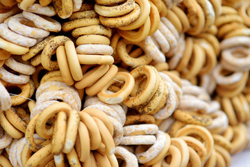 Loaves of organic bagels for sale at outdoor farmers market in Vilnius.