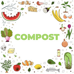 Frame with organic waste. No food wasted. Recycling organic waste, compost. Sustainable living, zero waste concept