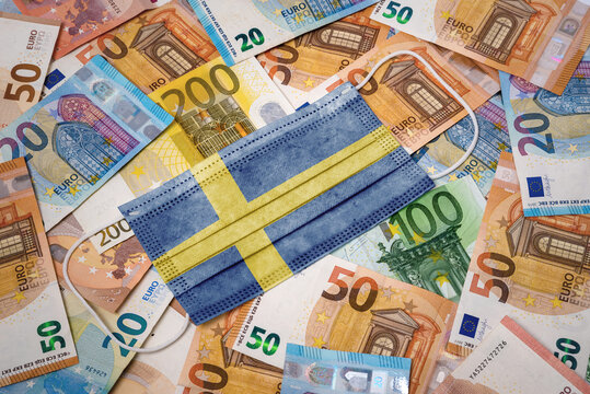 Medical mask with the flag of Sweden on a variety of european banknotes.(series)
