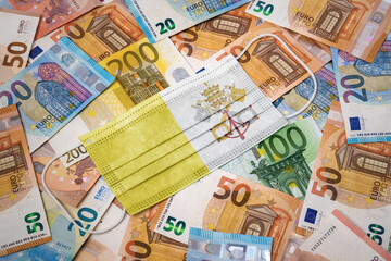 Medical mask with the flag of Vatican City on a variety of european banknotes.(series)