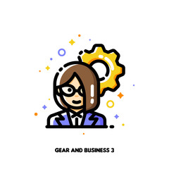 Icon of businesswoman on a background of gear for technology industry leader or high-tech strategy director concept. Flat filled outline style. Pixel perfect 64x64. Editable stroke
