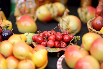 Ceramic fruits and other decorations sold on Easter market in Vilnius. Lithuanian capital's annual traditional crafts fair is held every March on Old Town streets.