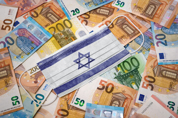 Medical mask with the flag of Israel on a variety of european banknotes.(series)
