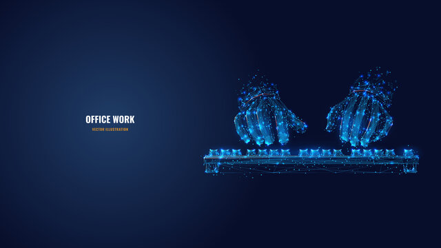  Abstract 3d Human Hands Typing On Computer Or Laptop Keyboard. Office Work, Workplace Or Business Concept. Digital Vector Wireframe In Dark Blue. Low Poly Mesh With Dots, Lines, Stars And Shapes 