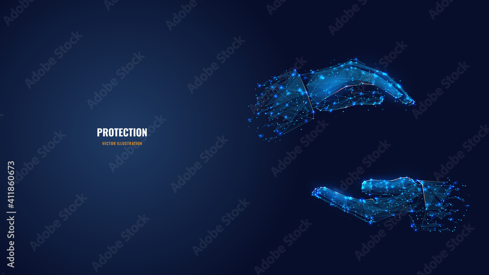 Poster Two human hands holding or hugging something in dark blue. Abstract vector 3d arm, palm wireframe looks like starry sky. Hand gesture concept. Digital low poly mesh with dots, lines and shapes 