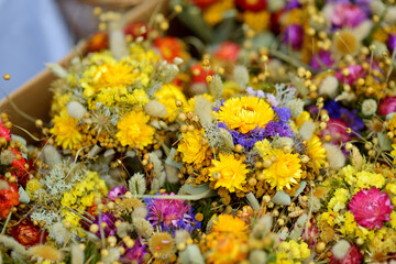 Traditional Lithuanian Easter palms known as verbos sold on Easter market in Vilnius. Lithuanian capital's annual traditional crafts fair is held every March on Old Town streets.