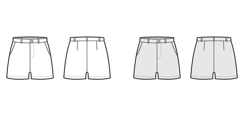 Short pants technical fashion illustration with mid-thigh length, low waist, rise, slashed pocket. Flat bottom apparel template front, back, white grey color style. Women, men, unisex CAD mockup