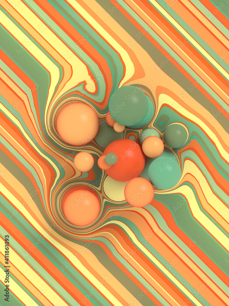 Poster Group of multi colored balls on a striped surface. 3d rendering digital illustration