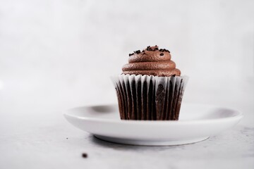 Chocolate cupcake served in on a  plate, selective focus